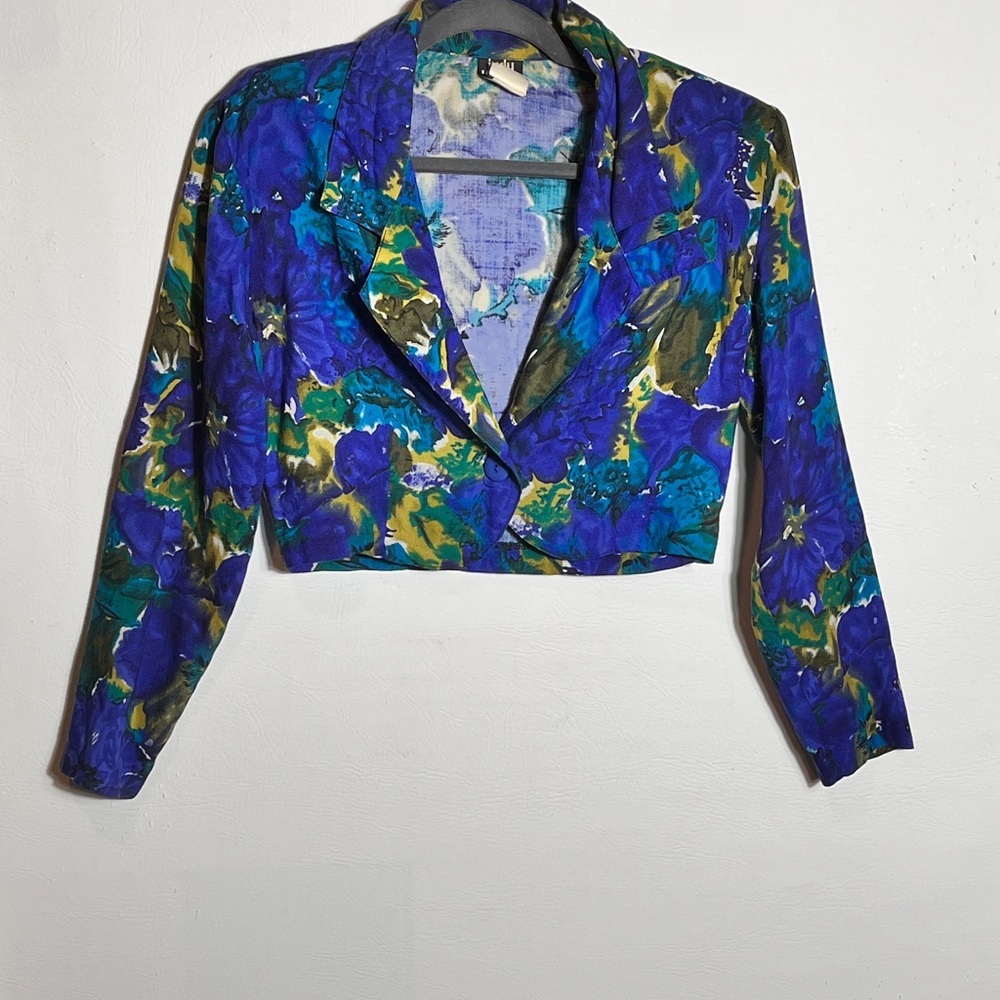 Floral Cropped Blazer Jacket in Blue & Green